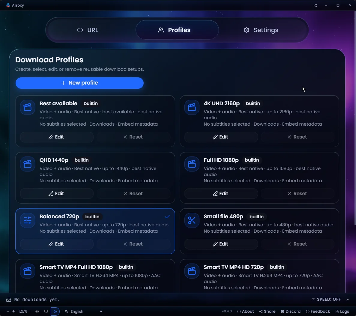 Reusable download profiles — Save format, quality, and output presets — reuse per download