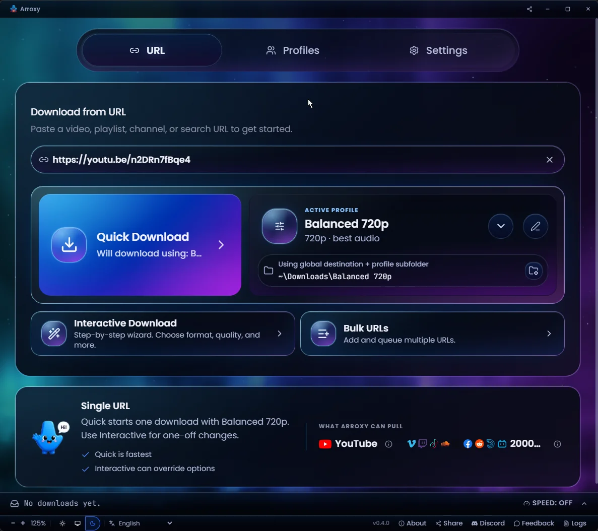 Quick Download home — Paste a URL and pull it instantly with your active profile