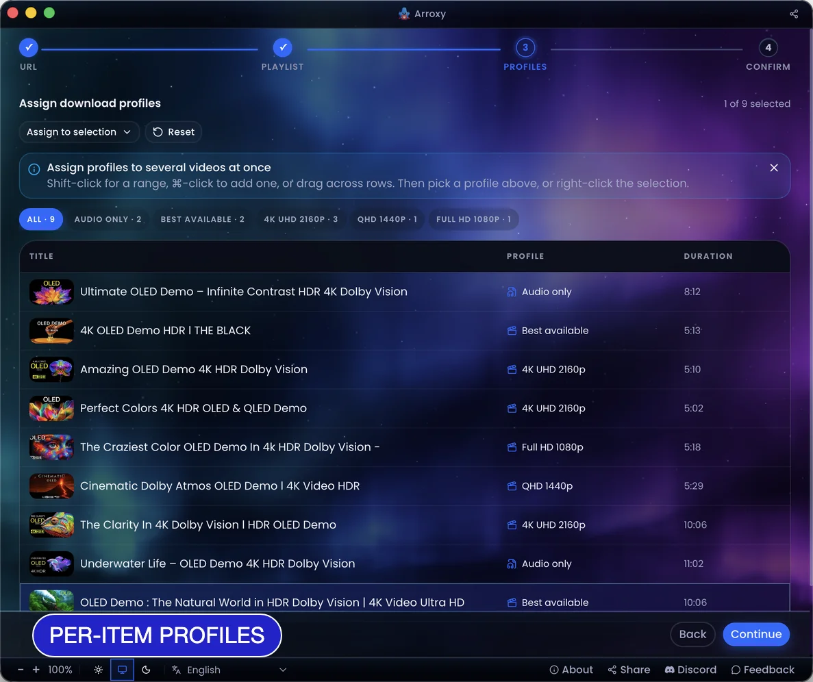 Per-item playlist profiles — Give each video its own profile — archive some in 4K, grab the rest as MP3