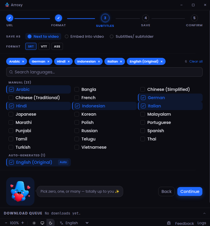 Subtitles step — pick languages, format, and save mode